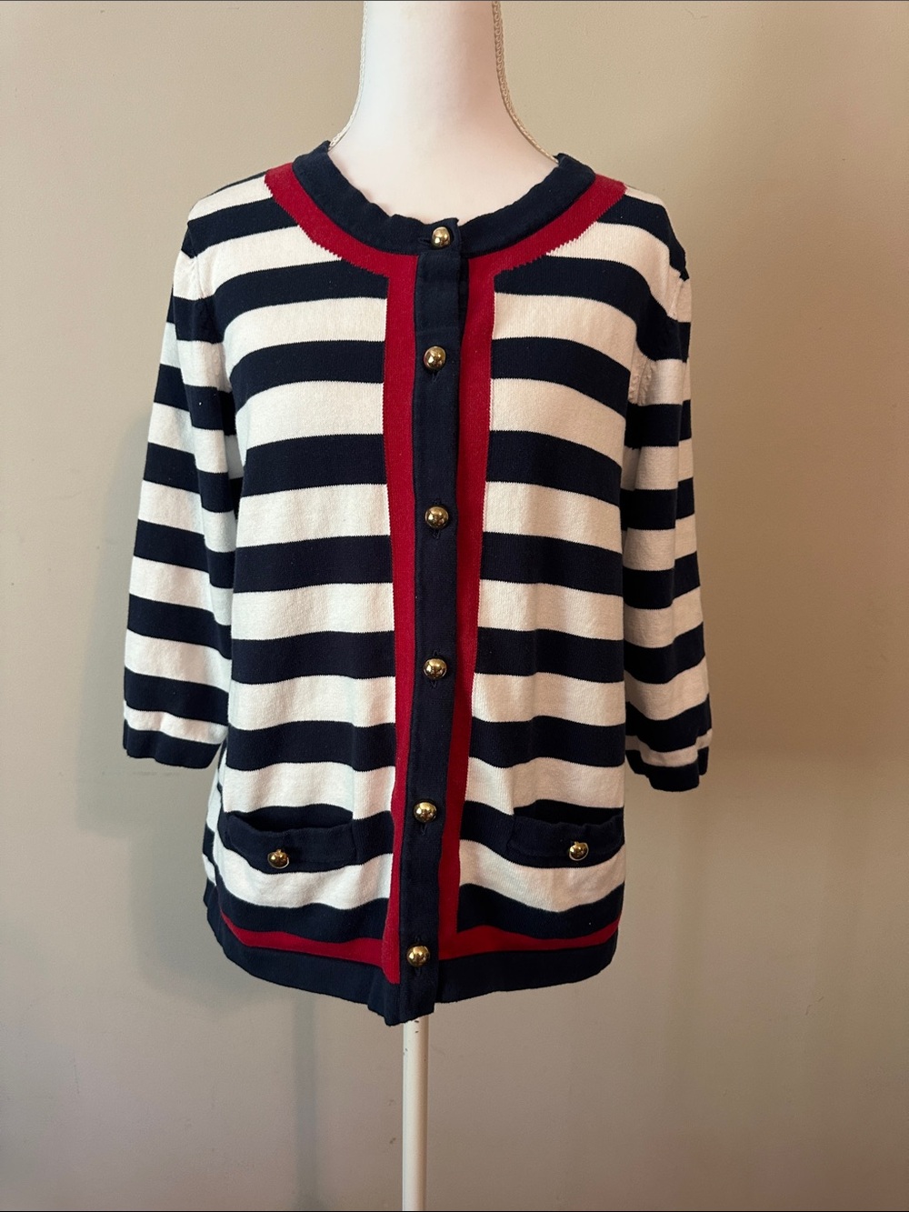 Mercer Street Studio Navy and White Striped Cardigan with Red Trim